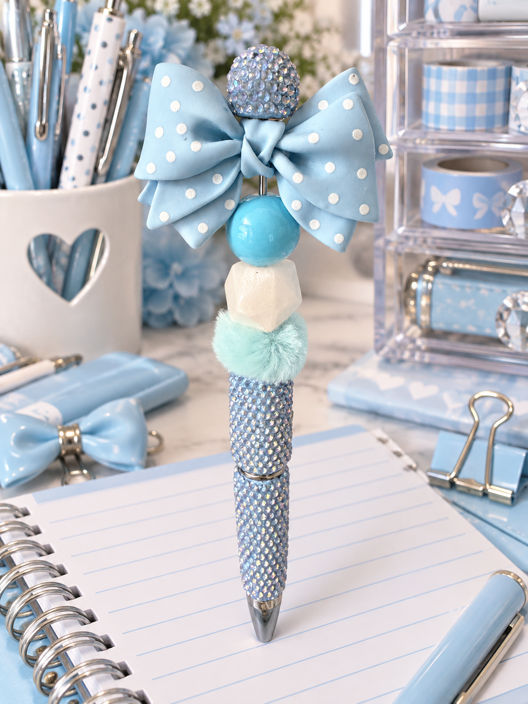 Blue Polka Dot Bow Beaded Pen