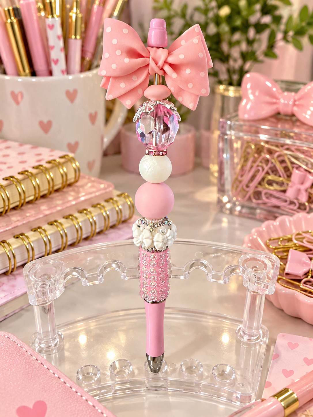 Pink Polka Dot Bow Beaded Pen